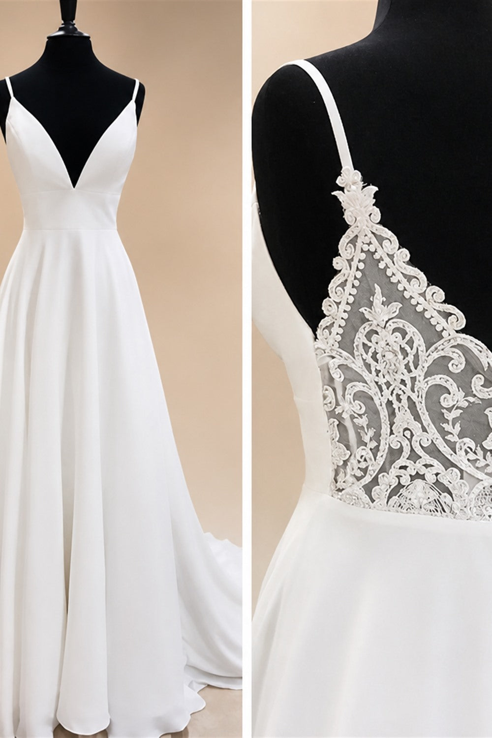 Elegant White Crepe Satin Spaghetti Strap A Line Wedding Dress