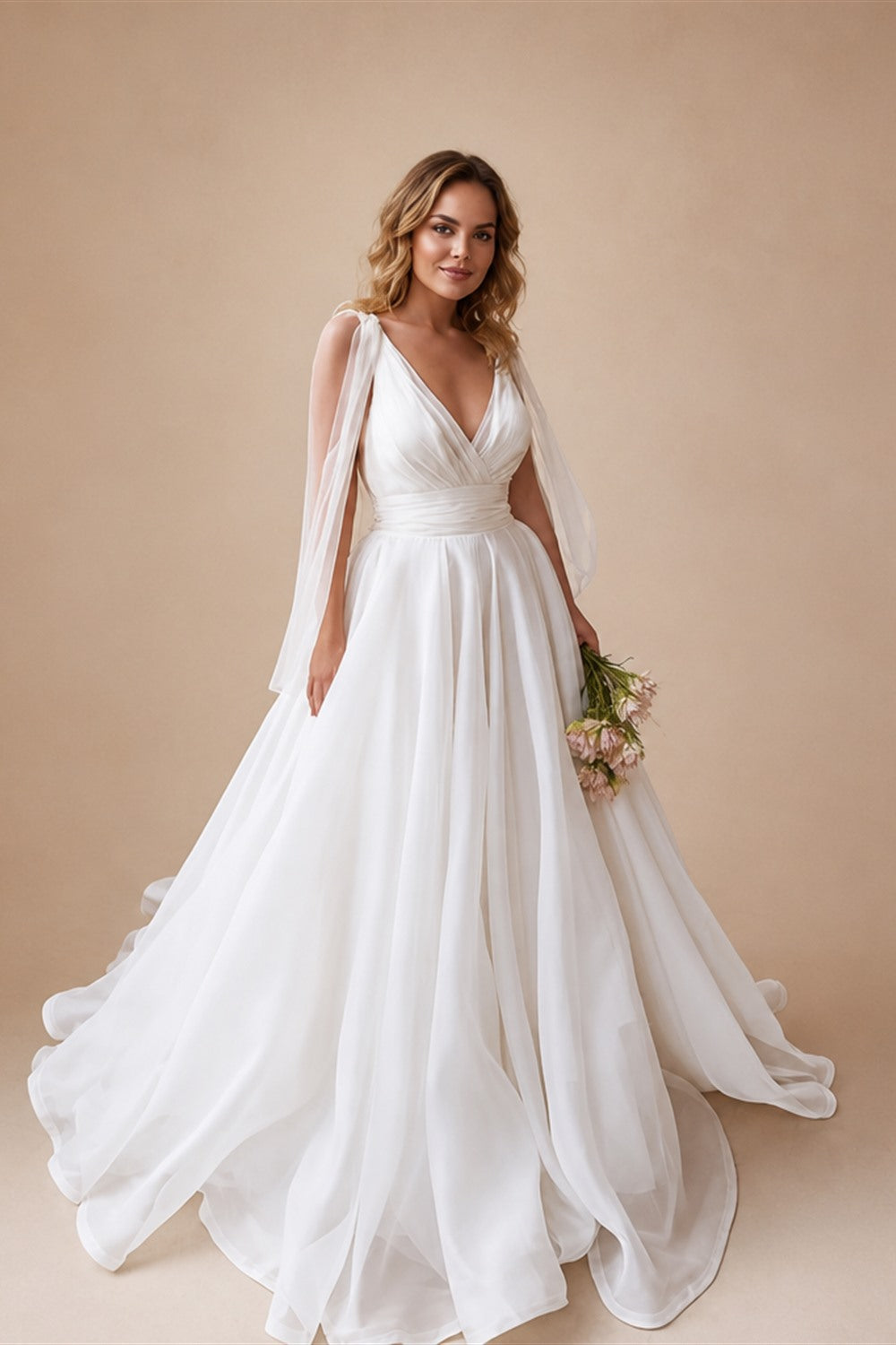 Customized Classic Deep V-neck Organza and Tulle Plus Size Wedding Dress Sexy Backless Court Bridal Gowns
