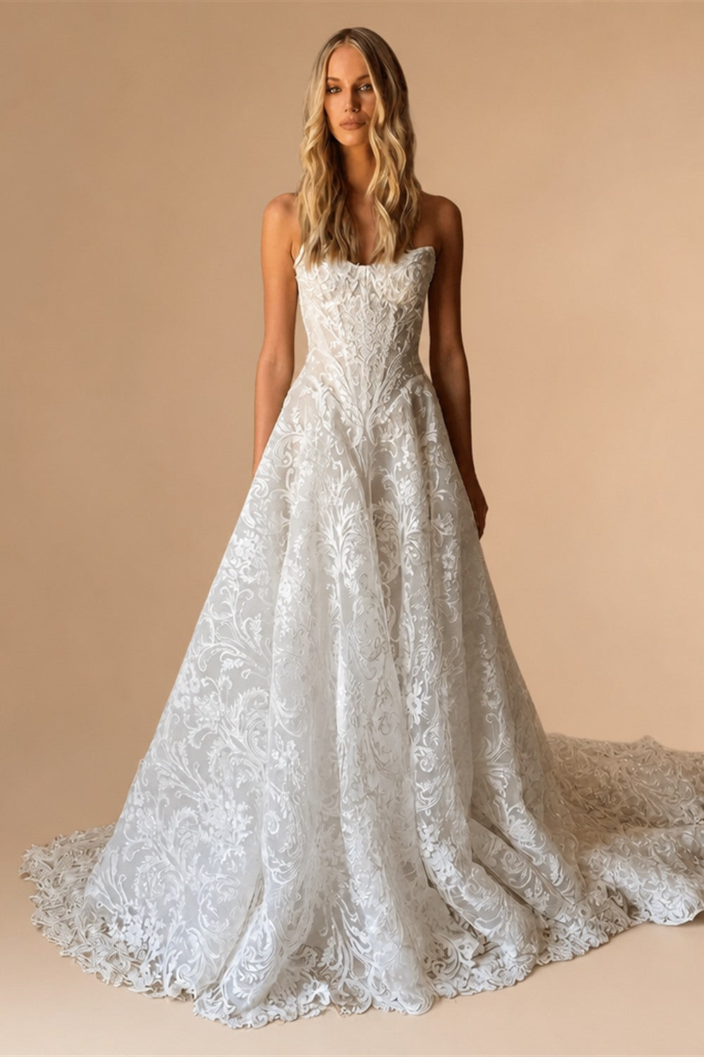 Vintage White Strapless Lace A-Line Wedding Dress with Scalloped Train ZP092