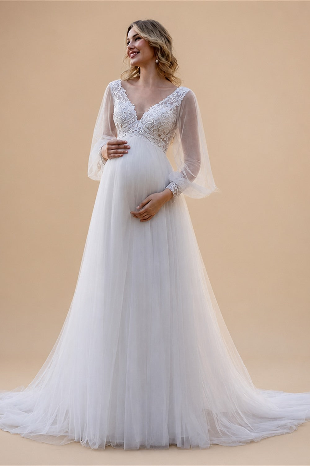 White Ivory Wedding Dress for Pregnant Bride Customized Puff Sleeve V Neck See Through Empire Bridal Gown Lace-up Robe De Mariee