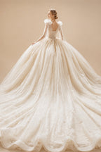 Supper Gorgeous Shiny Crystal Lace Ball Gown Wedding Dress Wih Chapel Train V-neck Bow Shoulder Princess Bridal Dresses