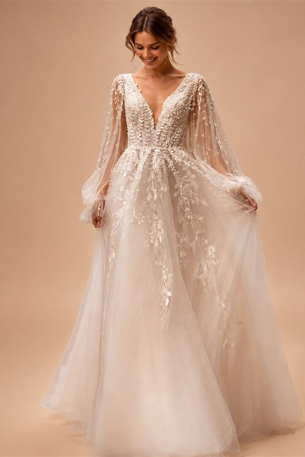 Princess Wedding Dress Customized Puff Sleeves Illusion Back Buttons Applique Sweep Train Vestido De Noiva Bridal Gown