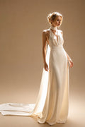 Halter Satin Sleeveless Deep V-neck Wedding Dress Sexy Mermaid Backless Wedding Gown with Court for Bridal Vestidos De Novia