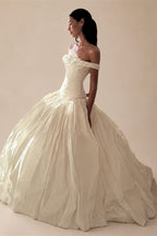 Elegant Ivory Strapless Ruched Satin Ball Gown Wedding Dress ZP070