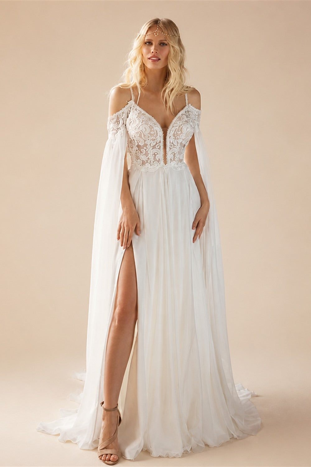 Beach Wedding Dresses Sexy V-Neck Spaghetti Straps High Side Slit Bride Dress 2025 Lace Appliques Beaded Ribbons Bridal Gown New