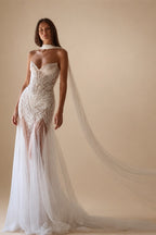 Customized 2026 Hot Sale Ivory Wedding Dress Strapless Sweetheart Neck Sheer Beaded Mermaid Bridal Gown With Cape