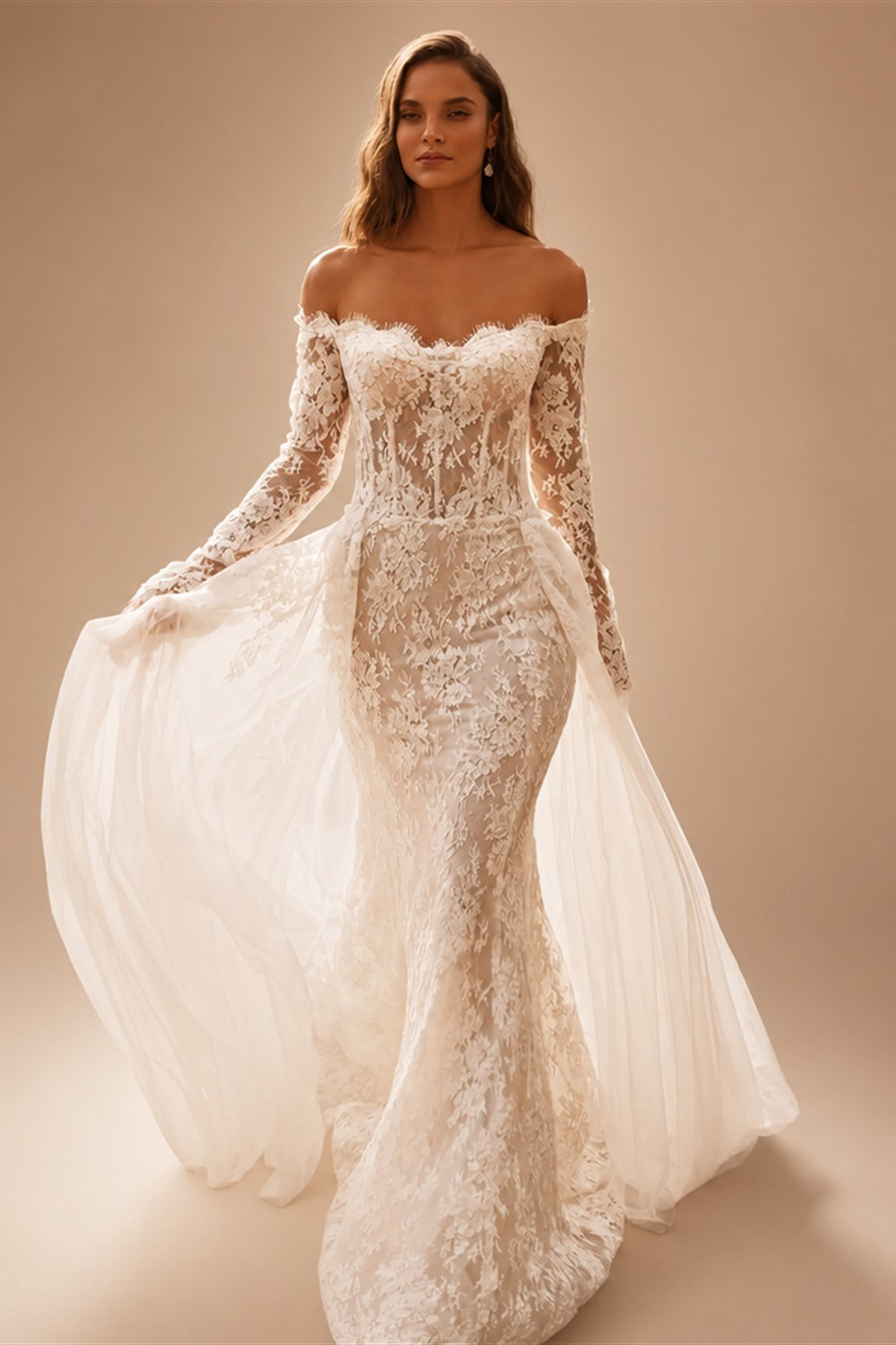 Romantic Ivory Off-the-Shoulder Lace Mermaid Wedding Dress with Tulle Overlay ZP132