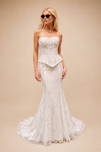 White Nude  Mermaid Wedding Dress Beaded Chain Detailing With Lace Train  ZP039
