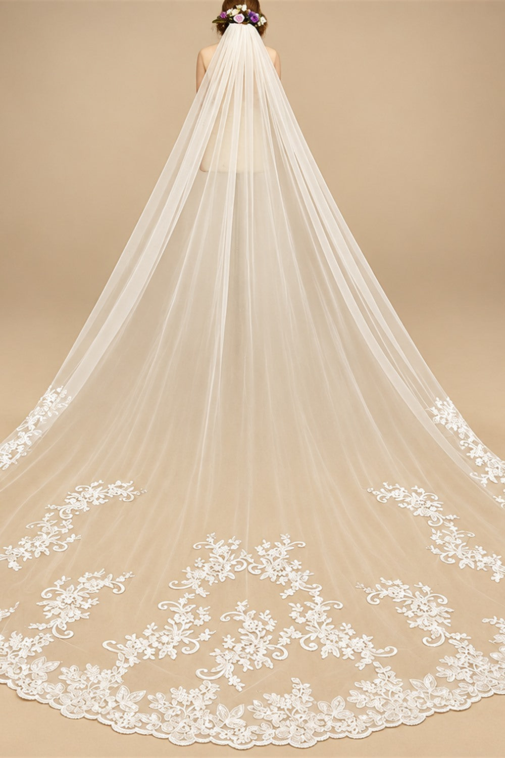 Real Photos Long Lace Appliques Wedding Veil White Ivory Cathedral 1 Layer Bridal Veil  Bride Veil Wedding Accessories