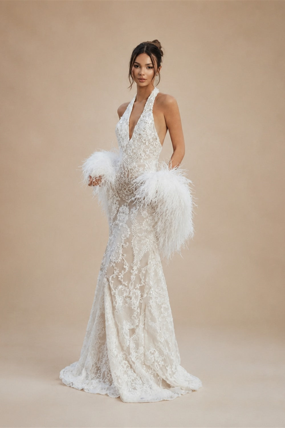 White Halter Backless Lace Mermaid Wedding Dress with Feather Shawl ZP003