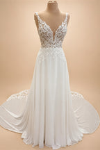 Custom Boho Chiffon Wedding Dress Long Open Back V Neck Lace Appliques Gown
