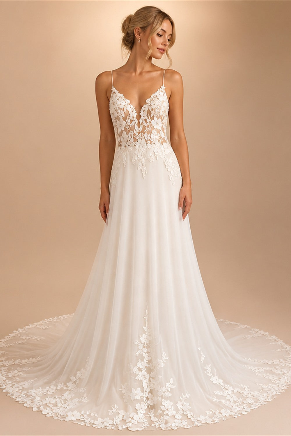 Customized Beach Wedding Dress With Vintage Lace Boho Spaghetti Straps