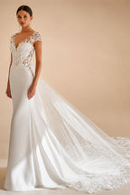 RoyceBridal Cap Sleeve Lace Mermaid Wedding Dress Low Back 3D Floral Appliques Bridal GownVestido De Novia Boda Customized