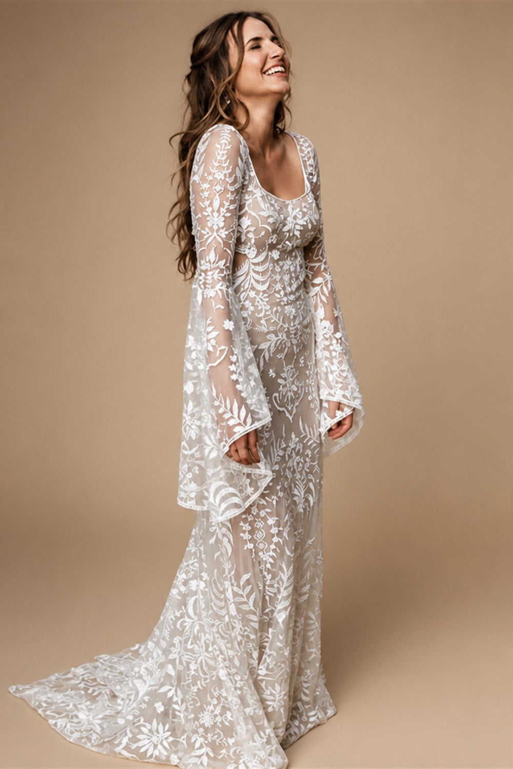 Boho Long Batwing Sleeves Lace Wedding Dress Drop Ship Customized Mermaid Rustic Beach 2026 Square Neck Open Back Bridal Gowns