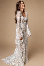Boho Long Batwing Sleeves Lace Wedding Dress Drop Ship Customized Mermaid Rustic Beach 2026 Square Neck Open Back Bridal Gowns
