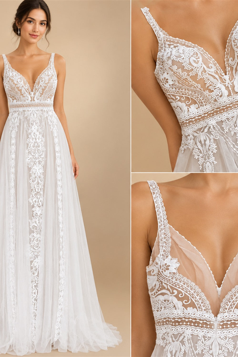 Custom Boho Lace Beach Wedding Dress V Neck Open Back Spaghetti Straps Gown
