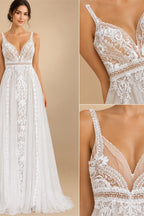 Custom Boho Lace Beach Wedding Dress V Neck Open Back Spaghetti Straps Gown