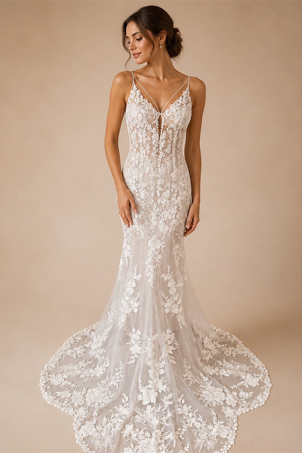 Custom Made Champagne Lace Mermaid Wedding Dress With Spaghetti Straps
