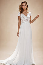 Boho Wedding Dress Short Sleeves Lace Appliques Vestido De Novia 2022 Sexy Chiffon Women Bride Gown Beach Robe Mariage Trouwjurk