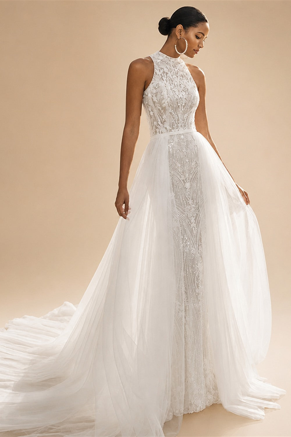 Exquisite Lace Mermaid Wedding Dress 2026 Tulle Detachable Train Bridal Gowns Halter Backless Wedding Gown Customized