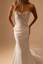 Luxury White Strapless Beaded Fringe Bodice Satin Mermaid Wedding Dress ZP091