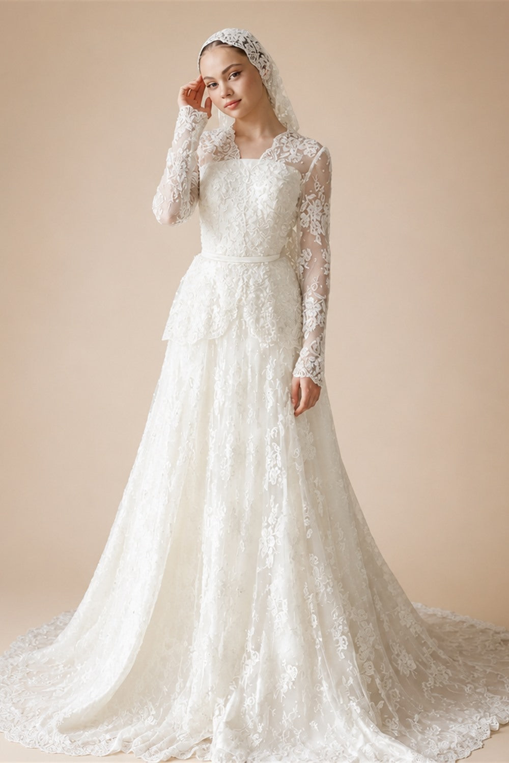 Luxury Custom A Line Wedding Dress Long Sleeve Lace Applique Chapel Train