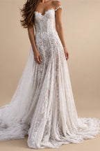 Beach Open Back Boho Wedding Dresses A-Line Off Shoulder Cap Sleeve Court Train Lace Bridal Gowns With Appliques Solid Color Summer Fall Wedding Party