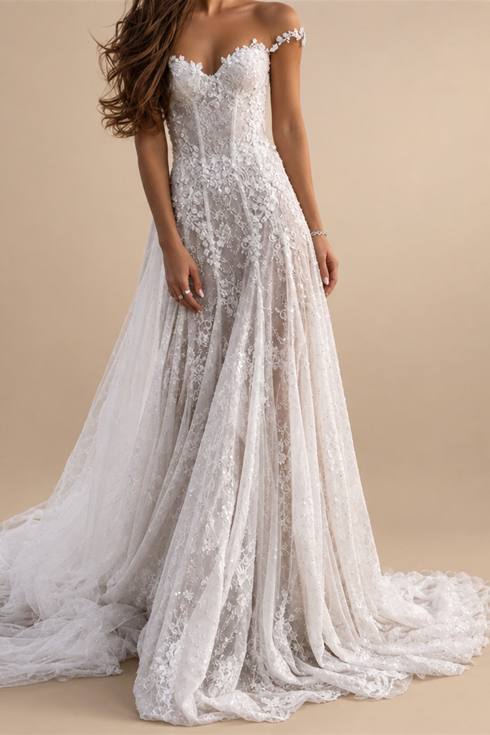 Beach Open Back Boho Wedding Dresses A-Line Off Shoulder Cap Sleeve Court Train Lace Bridal Gowns With Appliques Solid Color Summer Fall Wedding Party