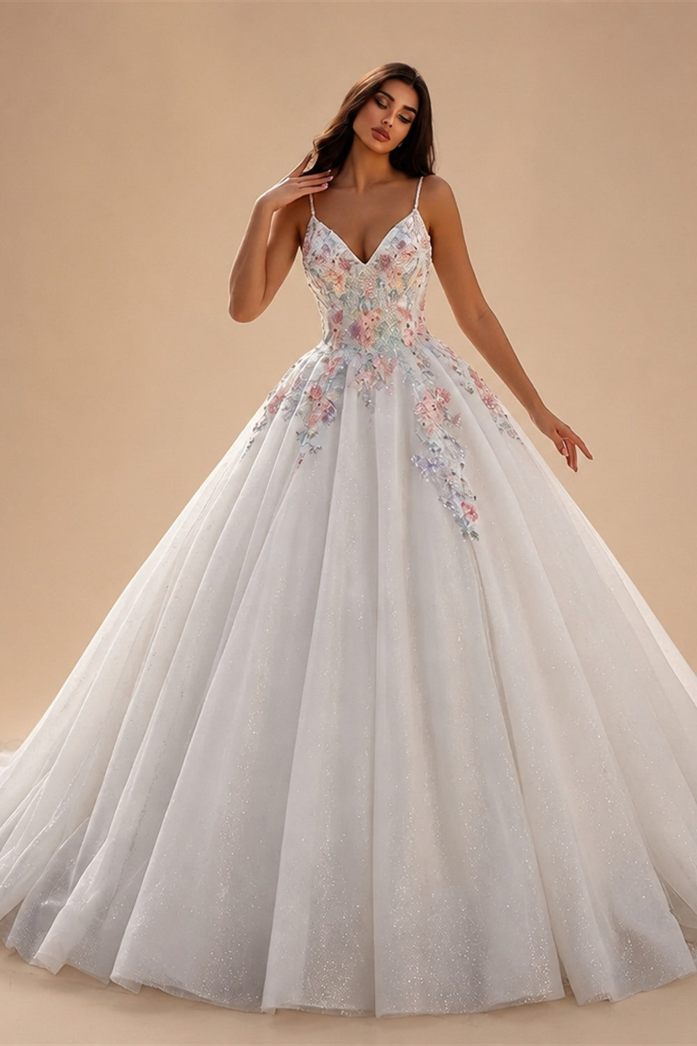 Glamorous White Floral Applique A-Line Tulle Wedding Dress with Train ZP066