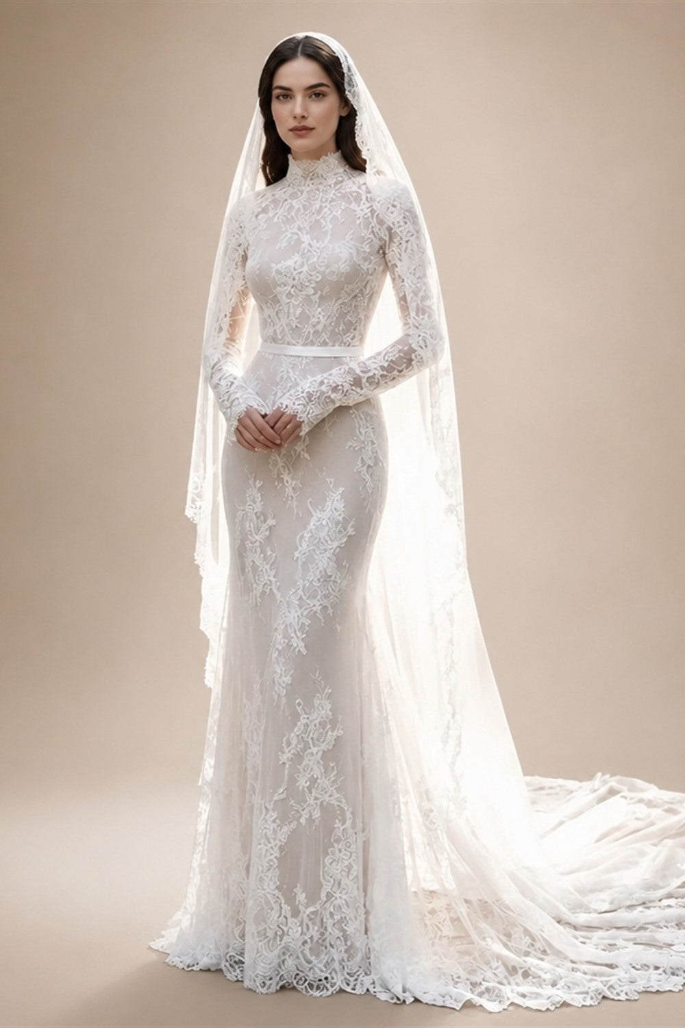Semor Exquisite Lace High Neck Full Sleeve Wedding Dress Customized 2026 Trumpet Lace Applique Long Robe De Mariée Sweep Train
