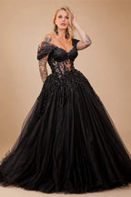 Black Luxury Gothic Wedding Dress  Sheer Corset 3D Floral Tulle  ZP027