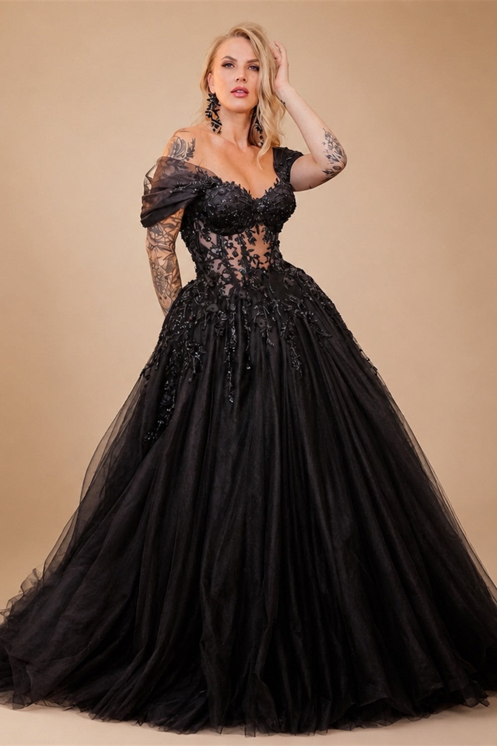 Black Luxury Gothic Wedding Dress  Sheer Corset 3D Floral Tulle  ZP027