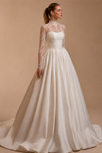 Customized Wedding Dress Vestido De Noiva Fashion High Neck Long Sleeves Top Lace Satin Bridal Gown Sweep TrainRobe Mariee