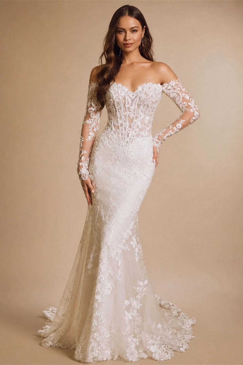 Customized Off Shoulder Mermaid Wedding Dress Lace Appliques Sweetheart Long Sleeves Bridal Gown Princess Vestidos De Novia