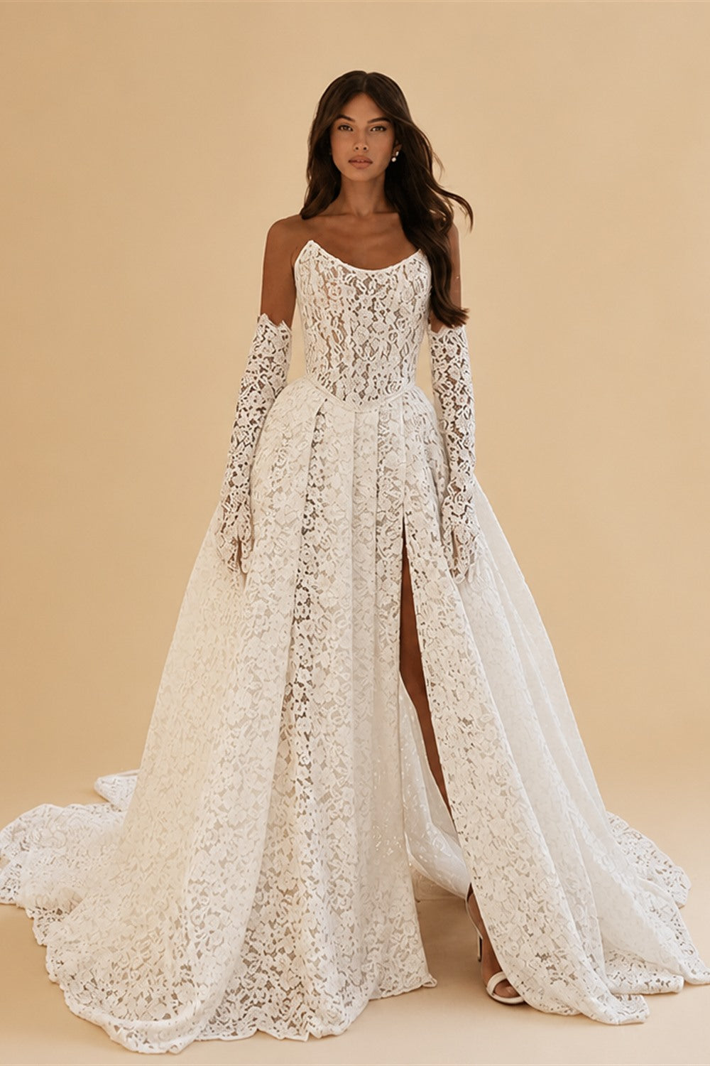 Fashion Full Lace Wedding Dress 3/4 Sleeve Strapless Gown with Front Split Custom Made Vestido De Noiva