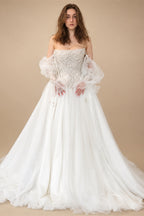 White Draped Pearl Tulle Ball Gown Bridal Dress with Puff Sleeves ZP205