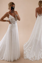 Boho Beach A Line Chiffon Wedding Dress With V Neck And Spaghetti Straps