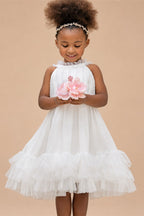 Ivory Chiffon Tulle Knee Length Sleeveless Ruffled Flower Girl Dress