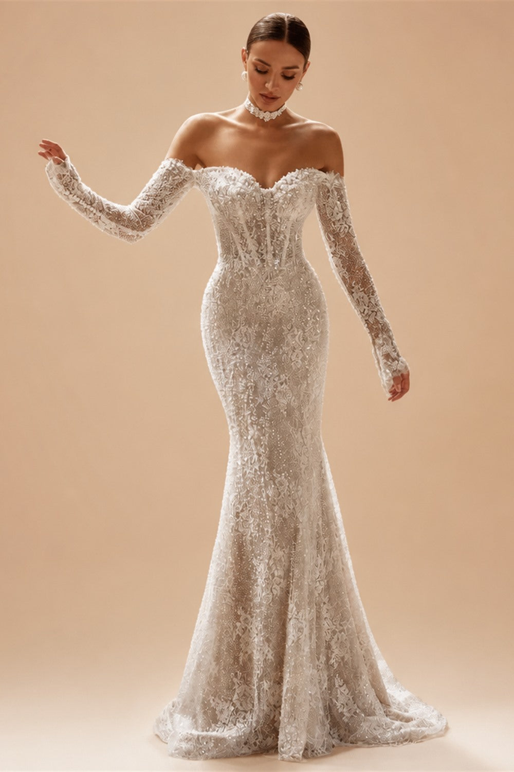 Lceland Poppy Customized Boat Neck Illusion Lace Mermaid Wedding Dresses Full Sleeves Beaded Bridal Gowns