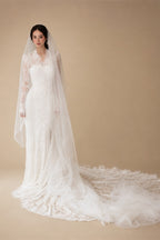 Elegant Ivory Lace High Neck Long Sleeve Train Mermaid Wedding Dress with Veil ZP108