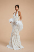 White Halter Backless Lace Mermaid Wedding Dress with Feather Shawl ZP003