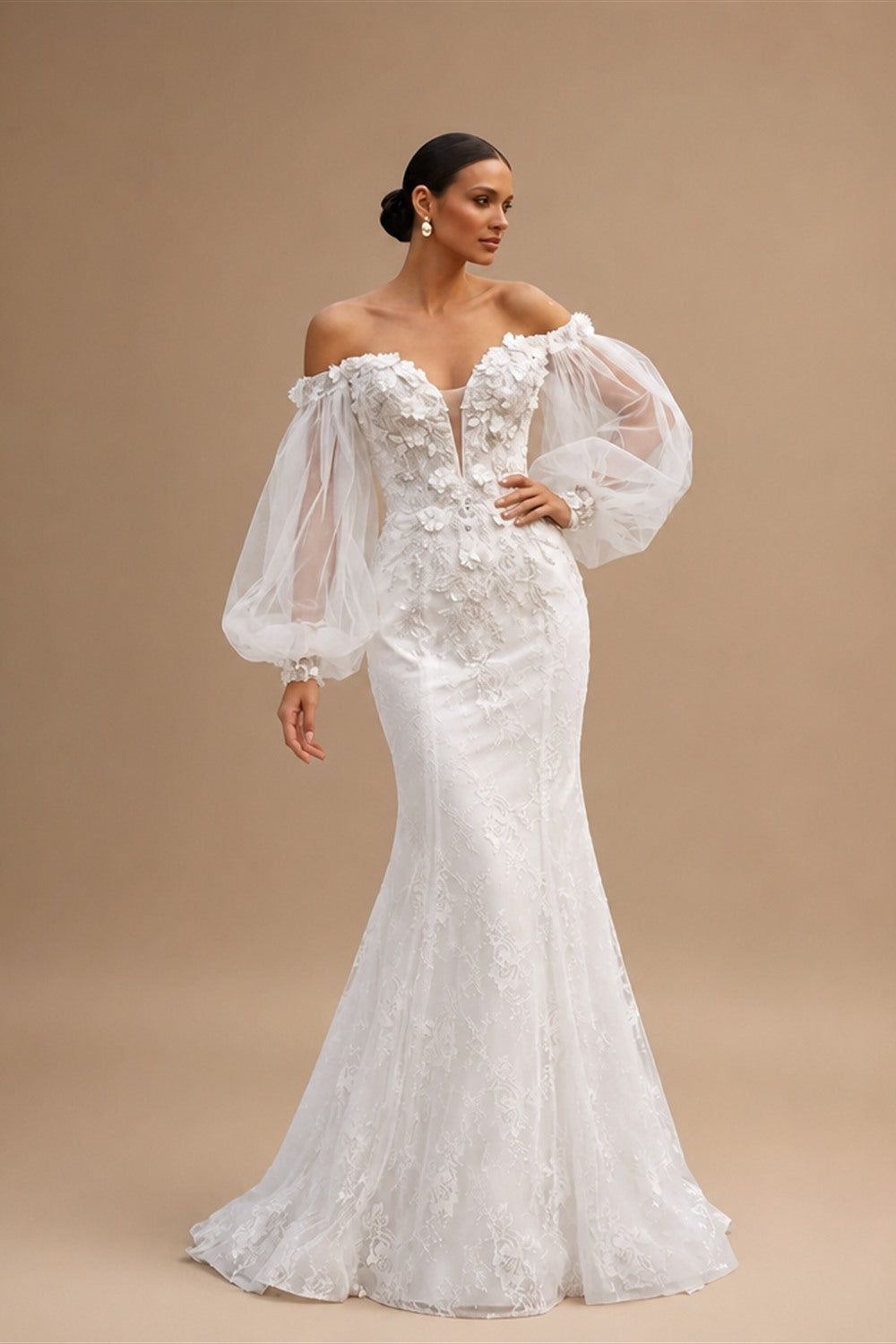 White  Off‑The‑Shoulder Puff Sleeve 3D Floral Mermaid Wedding Dress ZP005