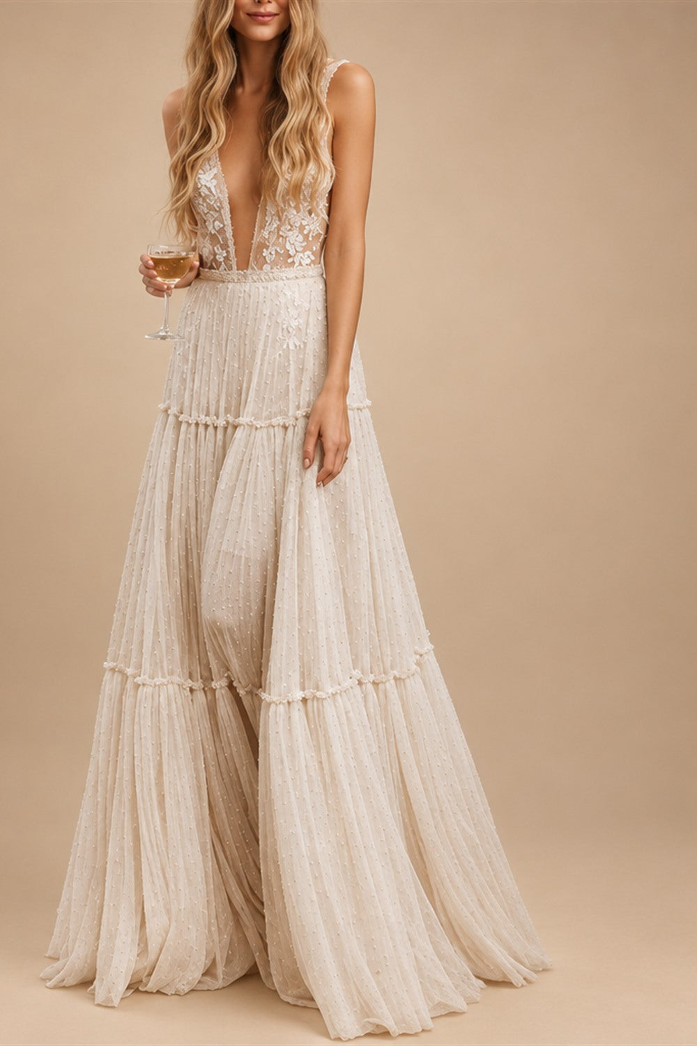 Beach Sexy V Neck Sleeveless Floor Length Tulle Bridal Gowns With Wedding Dresses