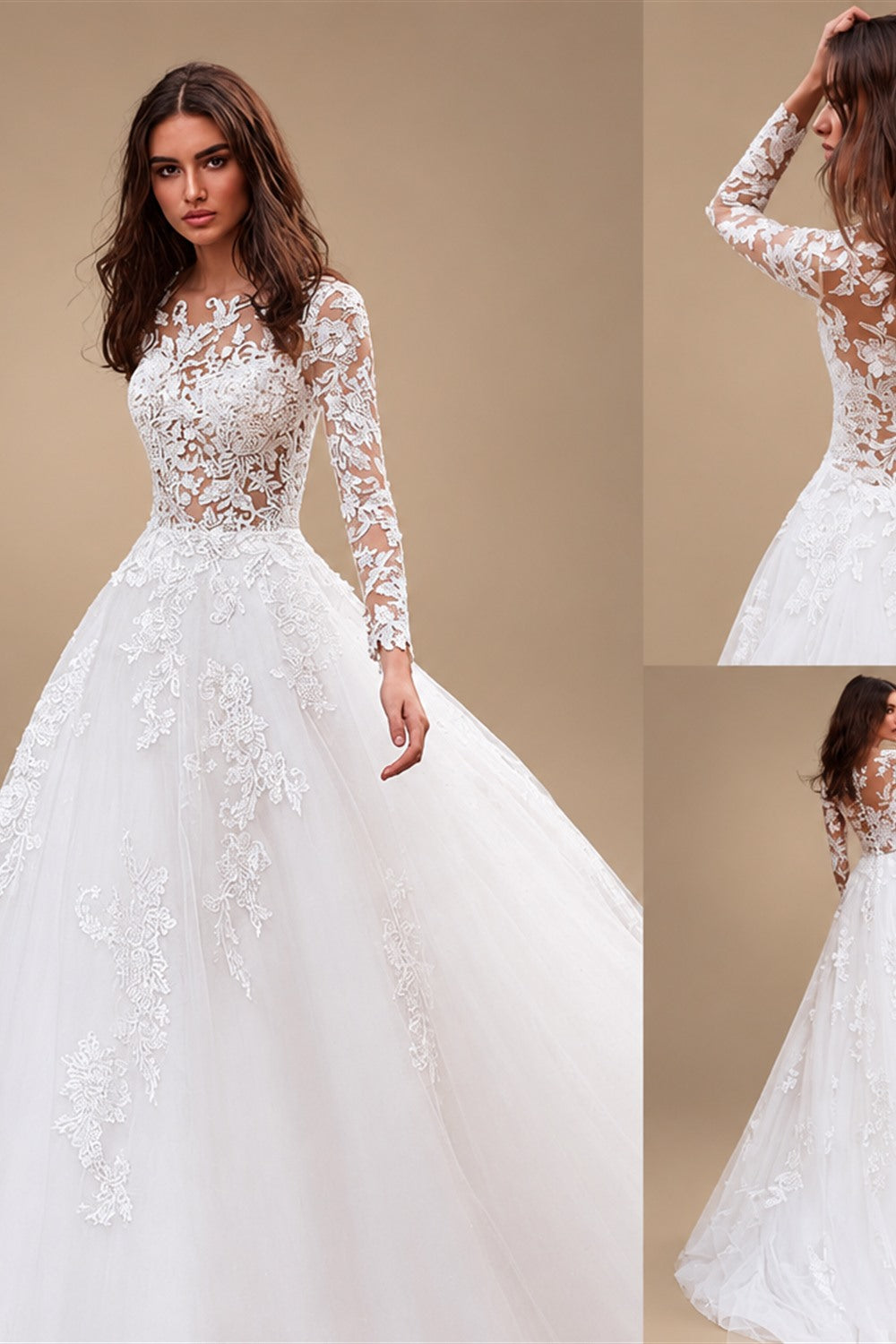 Attractive Tulle Jewel Neckline See-through Bodice A-line Wedding Dress With Lace Appliques & Beadings Long Sleeves Bridal Dress