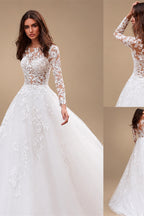 Attractive Tulle Jewel Neckline See-through Bodice A-line Wedding Dress With Lace Appliques & Beadings Long Sleeves Bridal Dress