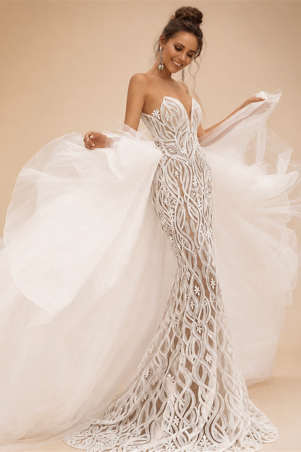 Stunning and Sexy Strapless 2 In 1 Mermaid Wedding Dress With Detachable Train Chic Lace Bride dress vestidos de noche