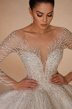 Customized Long Sleeve Shiny Ball Gown Wedding Dresses Sequined Princess Bride Gown Vestido de novia boda amanda novias oficial