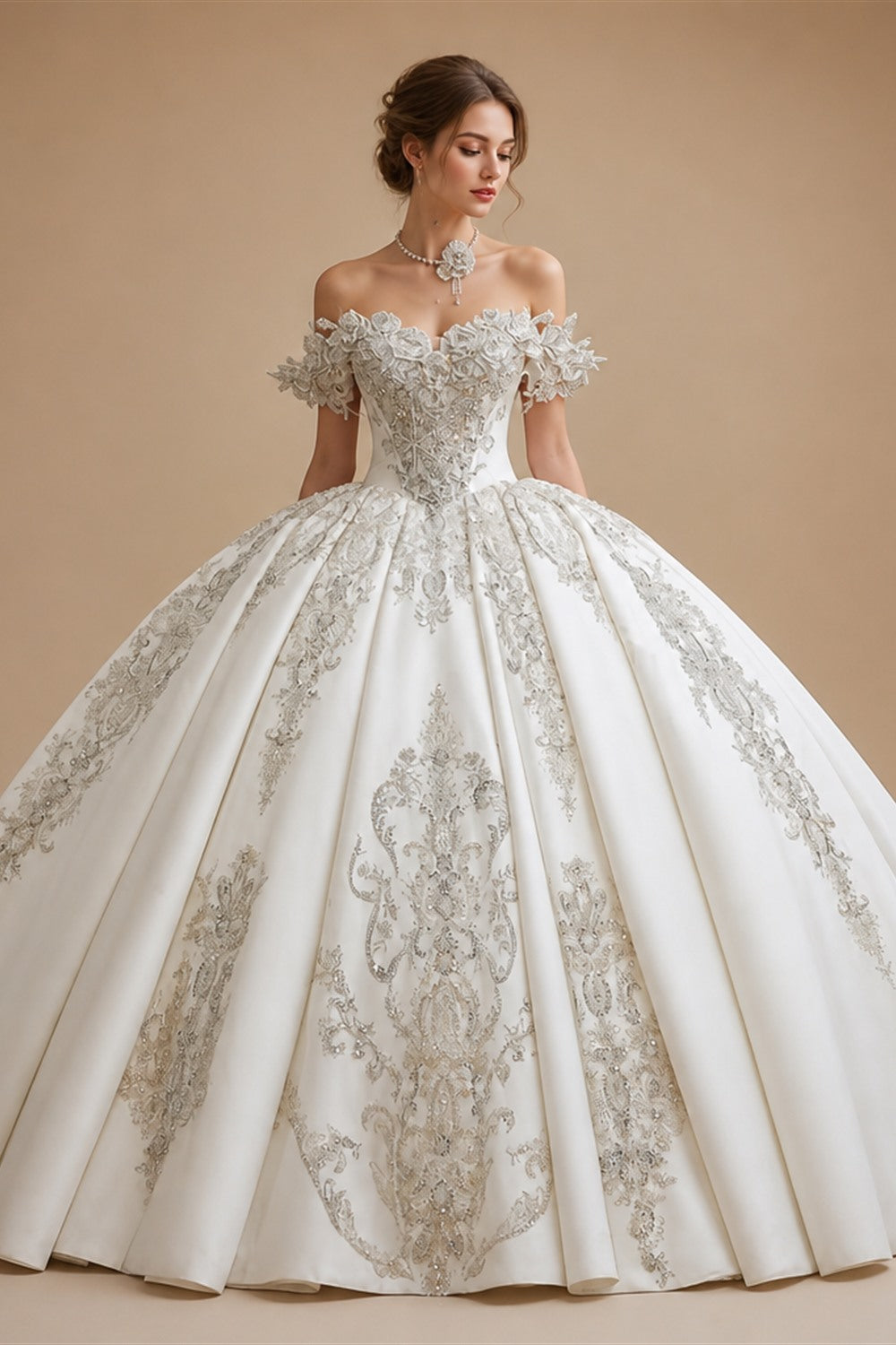Ivory Luxury Satin Ball Gown with Silver Embroidery Wedding Dress ZP166