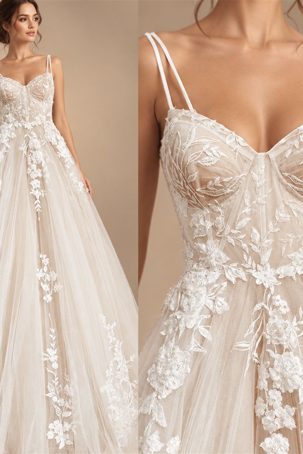 Princess Lace Wedding Dress Bridal Robe 2024 Vestido Spaghetti Straps Chapel Train Champagne Tulle Wedding Gown (ZD02147)