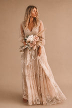 Customized Boho Lace Embroidered Long Sleeve Wedding Dress Deep V Neck and Flowy Lace Skirt for Beach Bridal Dress